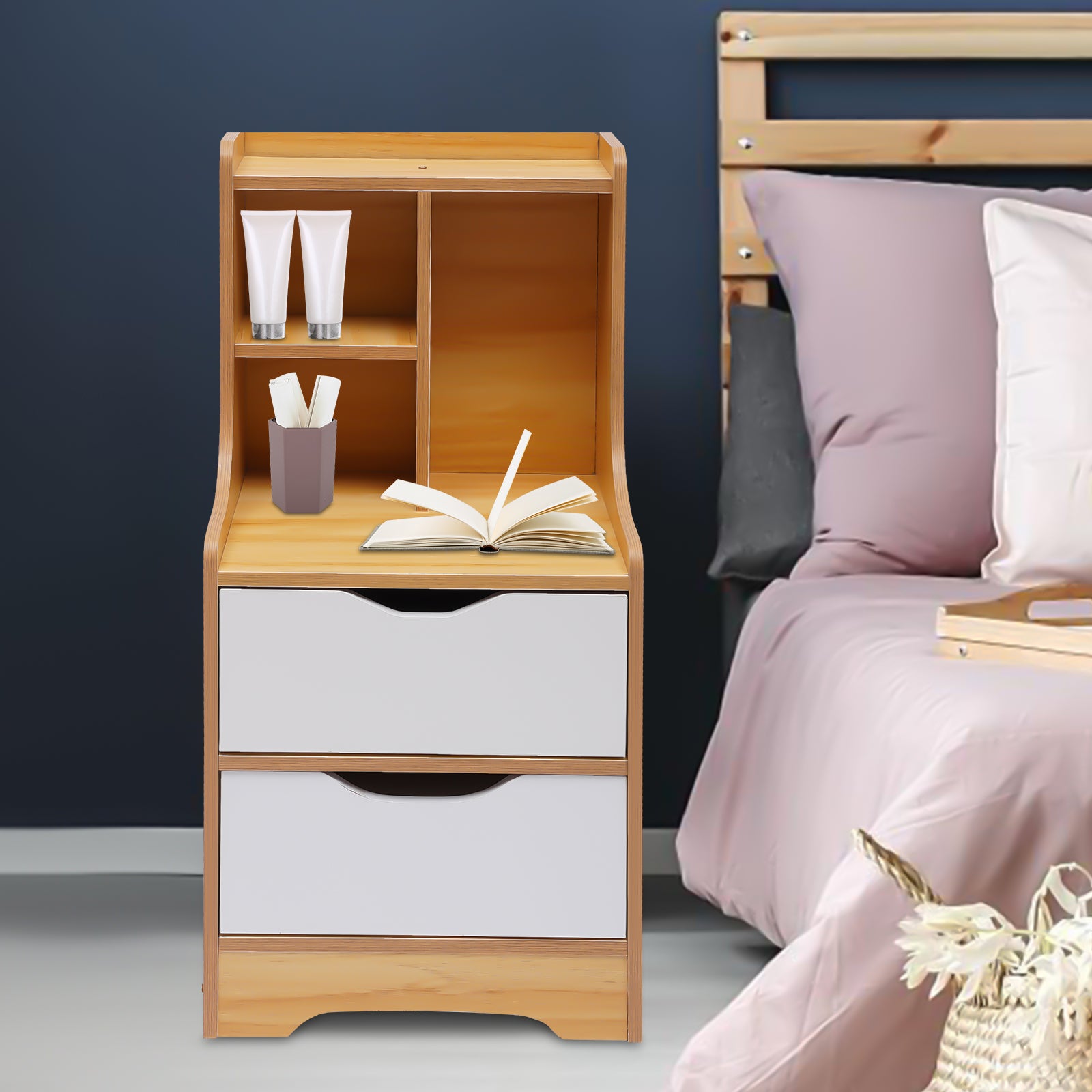 Oukaning  Modern Wood Nightstand Side Furniture with 2 Drawers and Storage Shelves Wood Color