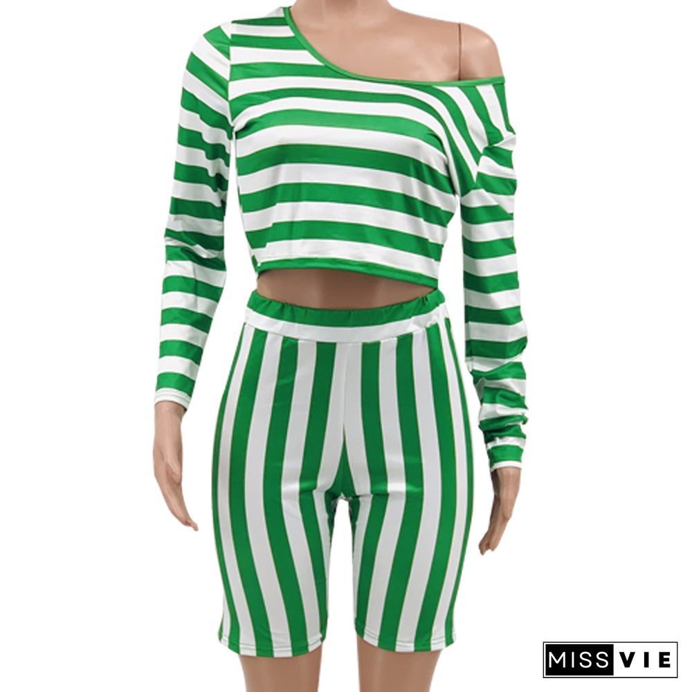 Striped Long Sleeve Crop Top and Shorts Plus Size Sets