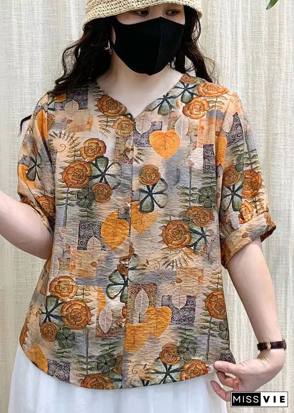 Unique Green V Neck Print Patchwork Linen T Shirts Summer