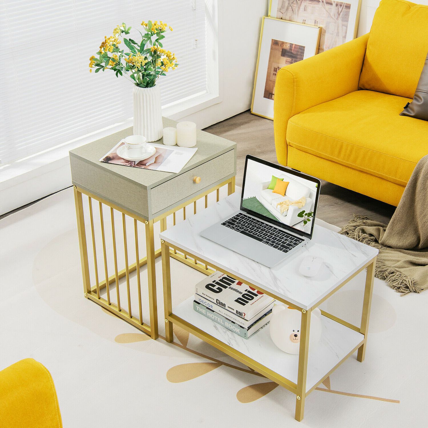 2 Pieces Modern Nesting Coffee Table Set with Drawer and Shelf-White