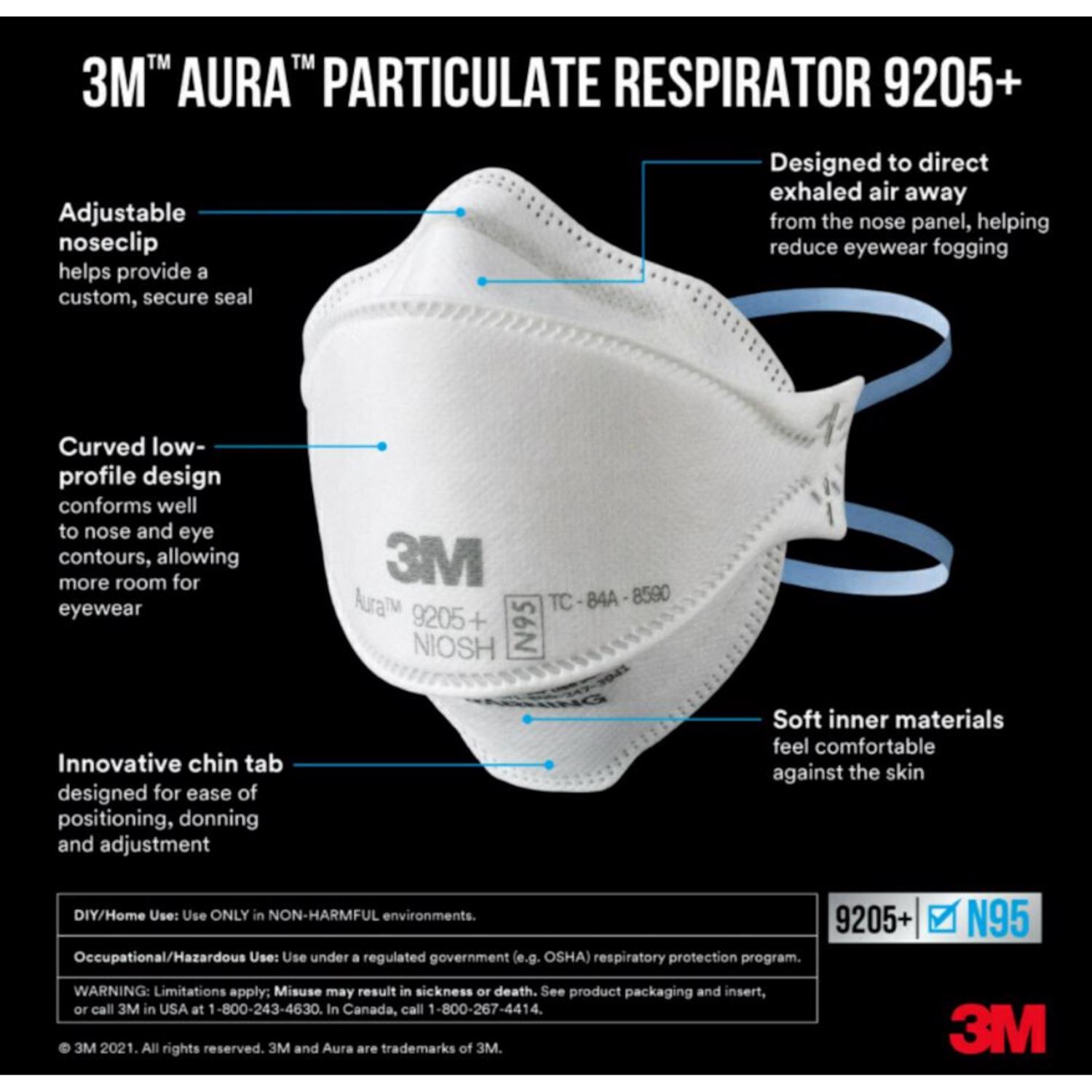 3M Aura N95 Dust Protection Particulate Respirator 9205+ White 3 pk