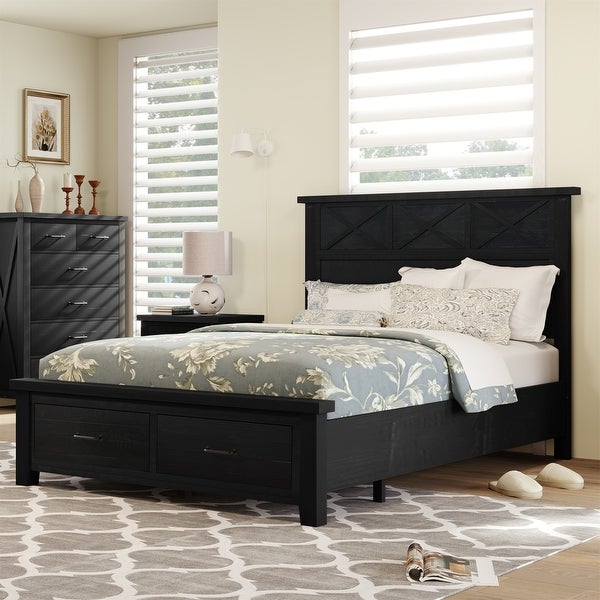 3 Pieces Bedroom Sets Queen Bed with 2 Drawers， Nightstand and Dresser - - 37970672