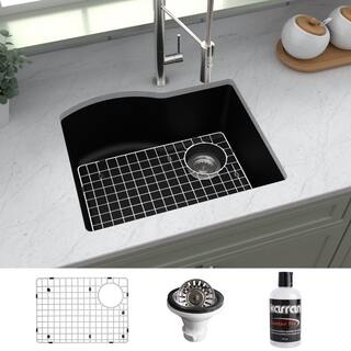 Karran QU-671 QuartzGranite 24 in. Single Bowl Undermount Kitchen Sink in Black with Bottom Grid and Strainer QU-671-BL-PK1