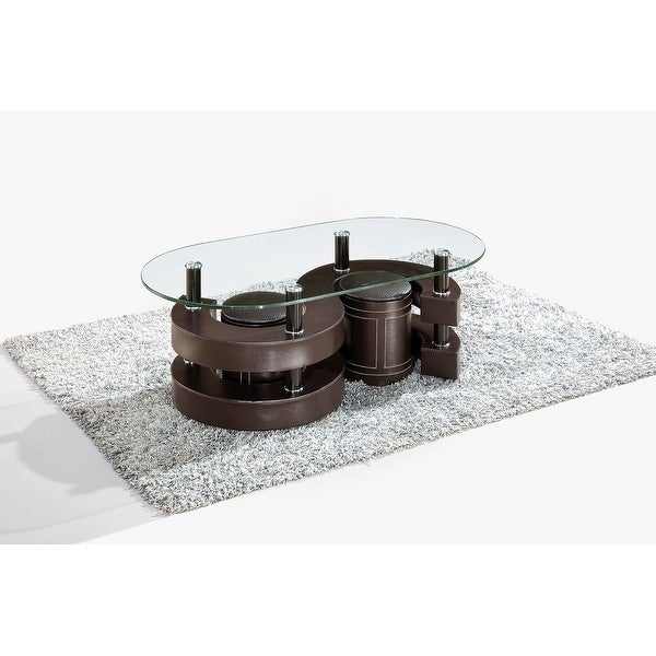 3 Pieces Coffee Table Set with tempered glass top， Sofa Table with leather surface S shape base and 2 Leather Stools