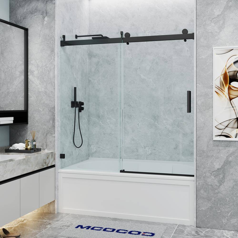 MCOCOD 60 in. W x 66 in. H Single Sliding Frameless Soft Close Tub Door in Matte Black with 38 in. (10 mm) Clear Glass SS08-60x66-BL