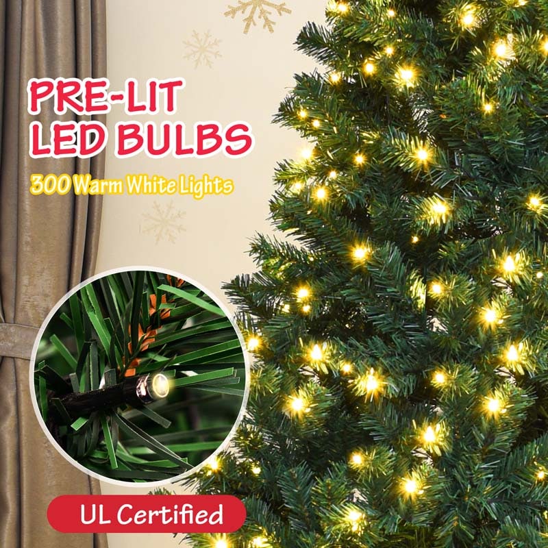 7 FT Green Pre-Lit Artificial Christmas Tree with 300 Warm White LED Lights & 1096 Hinged Branch Tips