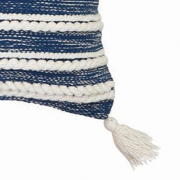 Blue And White Hand Woven 20 X 20 Inch Decorative Cotton Throw Pillow Cover With Insert And Hand Tied Braiding Pom poms And Tassels Foreside Home amp