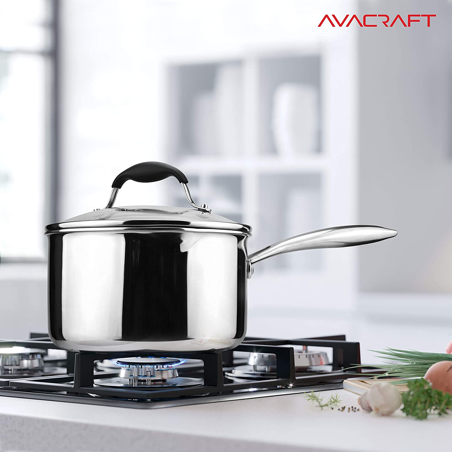 AVACRAFT Tri-Ply Stainless Steel Saucepan with Glass Strainer Lid， Two Side Spouts， Ergonomic Handle， Multipurpose Sauce Pan with Lid， Sauce Pot， Cooking Pot (Tri-Ply Full Body， 2.5 Quart)