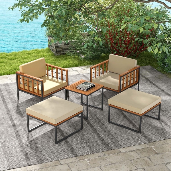 5 PCS Acacia Wood Patio Furniture Set Outdoor Conversation Set