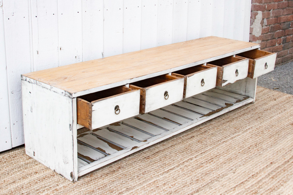 Lacquered White Three Drawer Low Console   Farmhouse   Console Tables   by De cor  Houzz