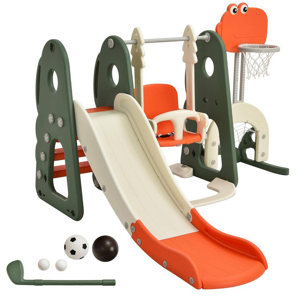 Costway 6-in-1 Toddler Slide and Swing Set Climber Playset with Ball Games Orange TY327935OR