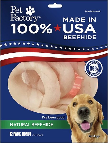 Pet Factory Beefhide 3-inch Donuts Natural Flavored Dog Hard Chews， 12 count