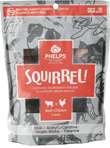 Phelps Wellness Collection Squirrel! Beef and Chicken Flavor Dog Treats， 4-oz bag