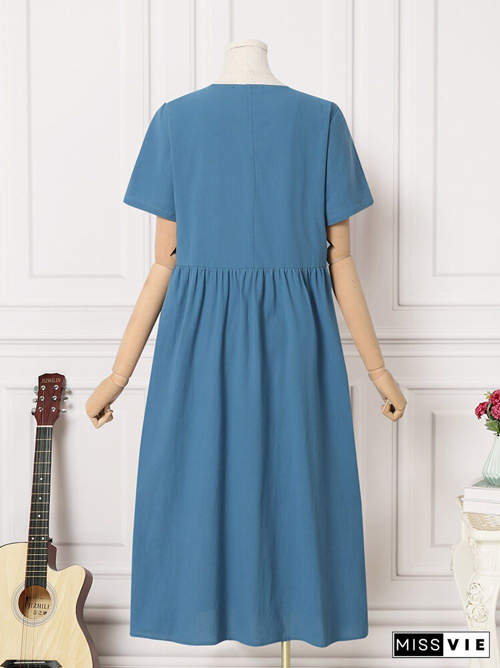 Solid Ruched Round Neck Short Sleeve Casual Cotton Midi Dress