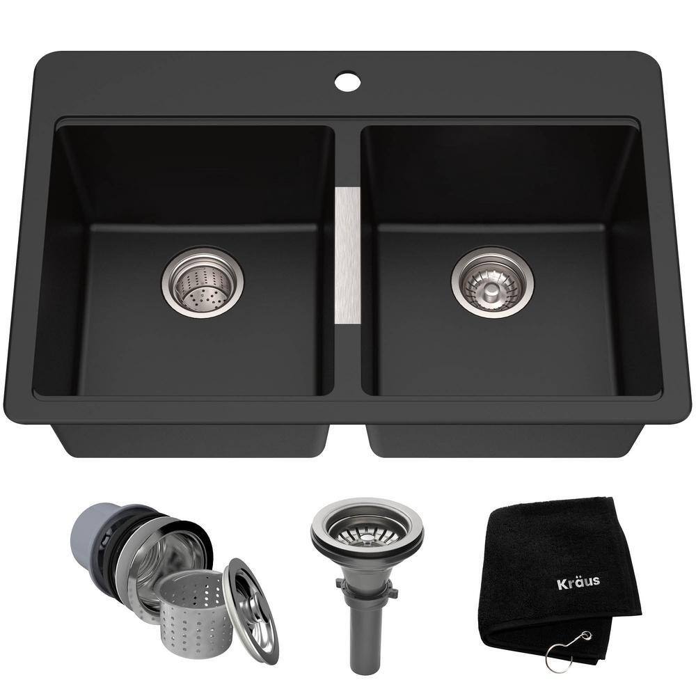 KRAUS Quarza Black Onyx 33 Inch Drop-in  Undermount 5050 Double Bowl Granite Kitchen Sink KGD-433B