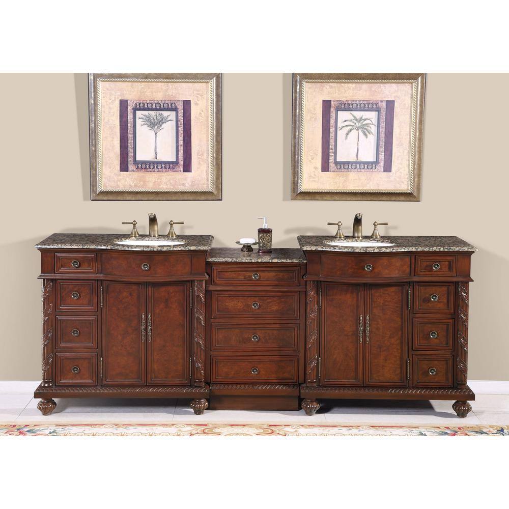 Silkroad Exclusive 90.25 in. W x 22 in. D Vanity in English Chestnut with Granite Vanity Top in Baltic Brown with White Basin HYP0213BBUWC90