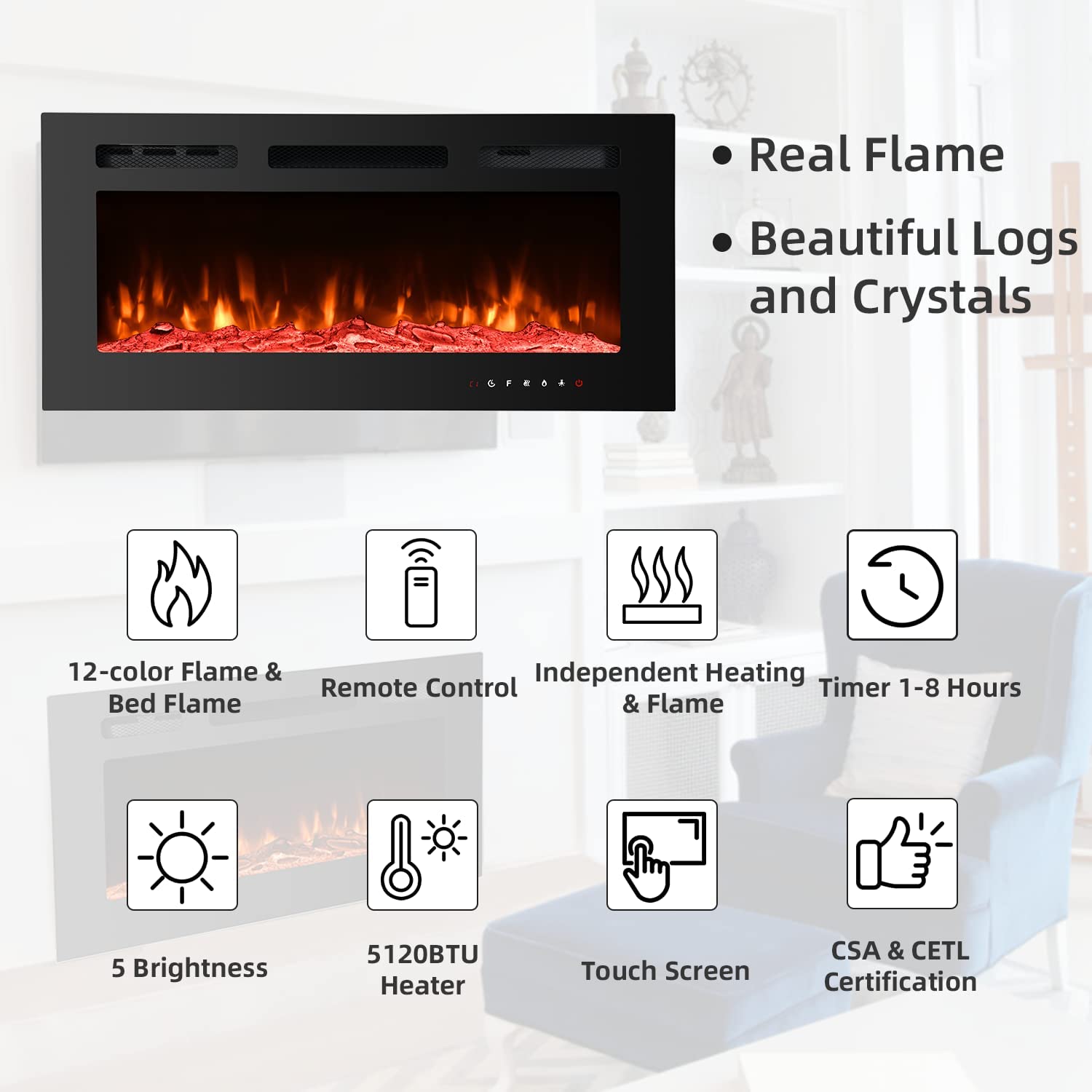 Yoleny 36 inch Electric Fireplace with Free Standing,Wall Mounted Fireplace Insert Heater with Touch Screen Control Panel ,Recessed Electric Fireplace,12 Color LED Flamer, 750/1500W