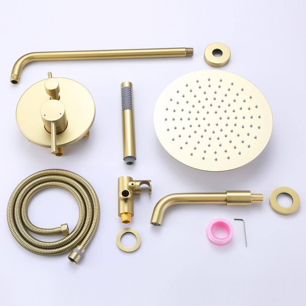 FORCLOVER 2-Handle 1-Spray Wall Mount Tub and Shower Faucet with Hand Shower in Brushed Gold (Valve Included) HAT-R1020-BG