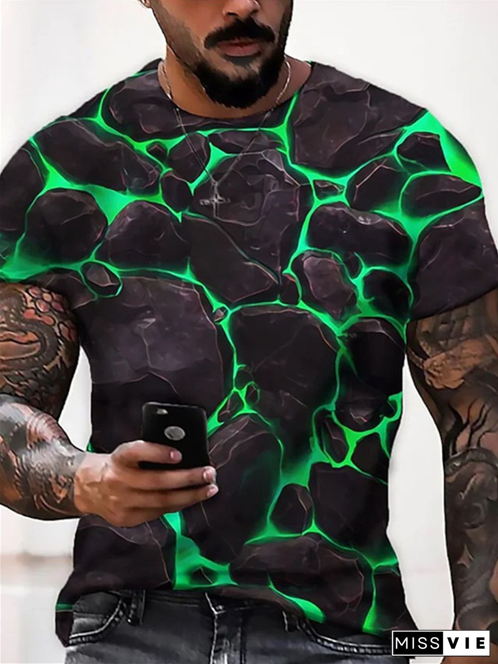 Casual Short Sleeve Men's T-Shirt Round Neck Cracked 3D Print Red Green Black Yellow Purple