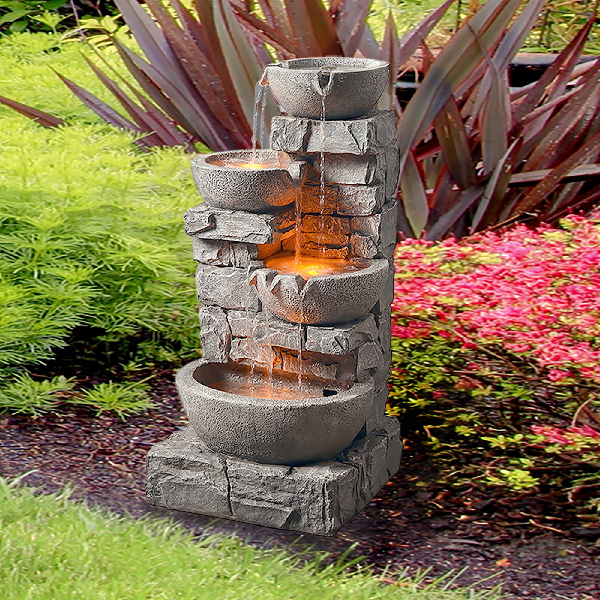 Teamson Home Stacked Stone Tiered Bowl Fountain with LED Light， Gray