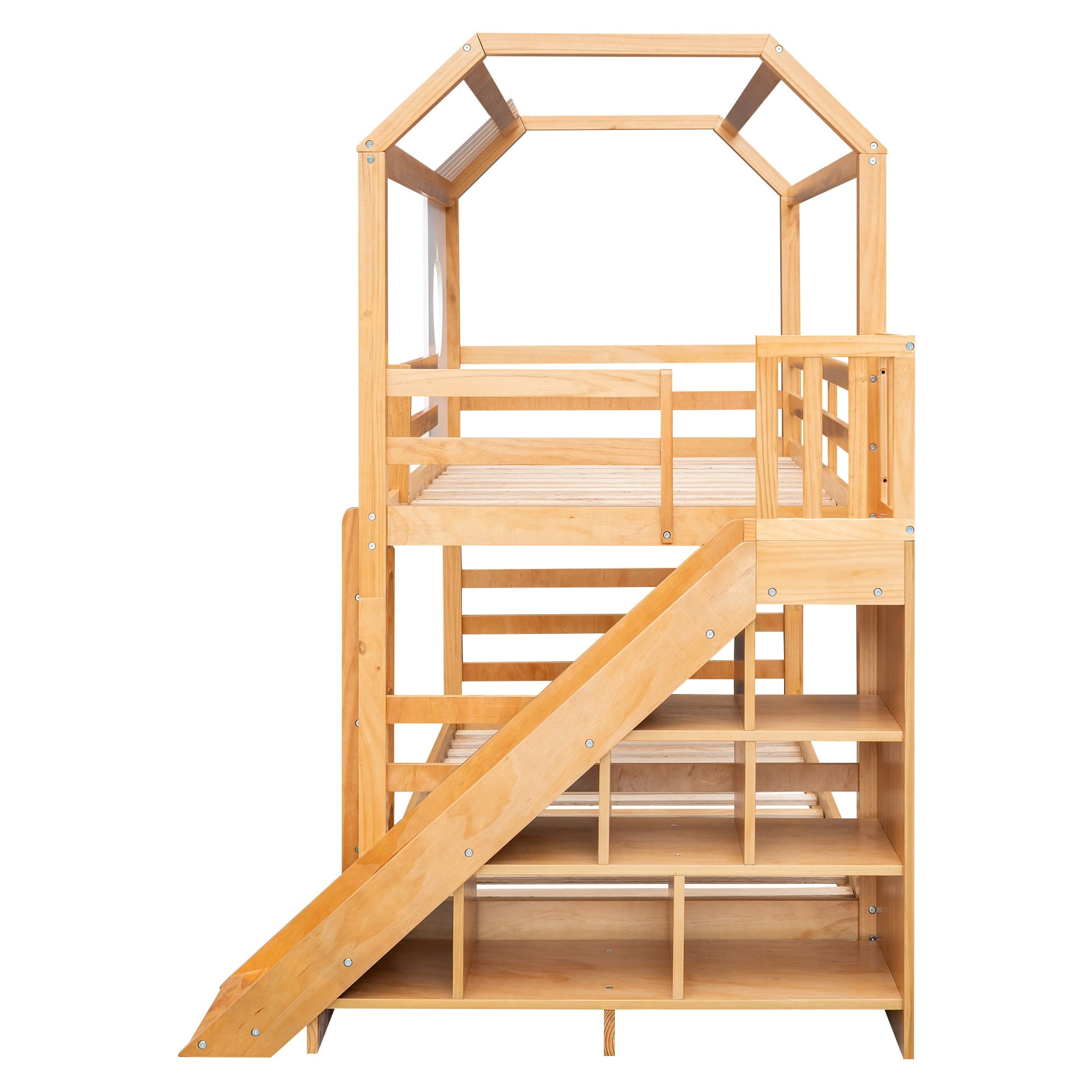 Twin Size House Bunk Bed with Slide and Shelf for Kids Bedroom, Natural