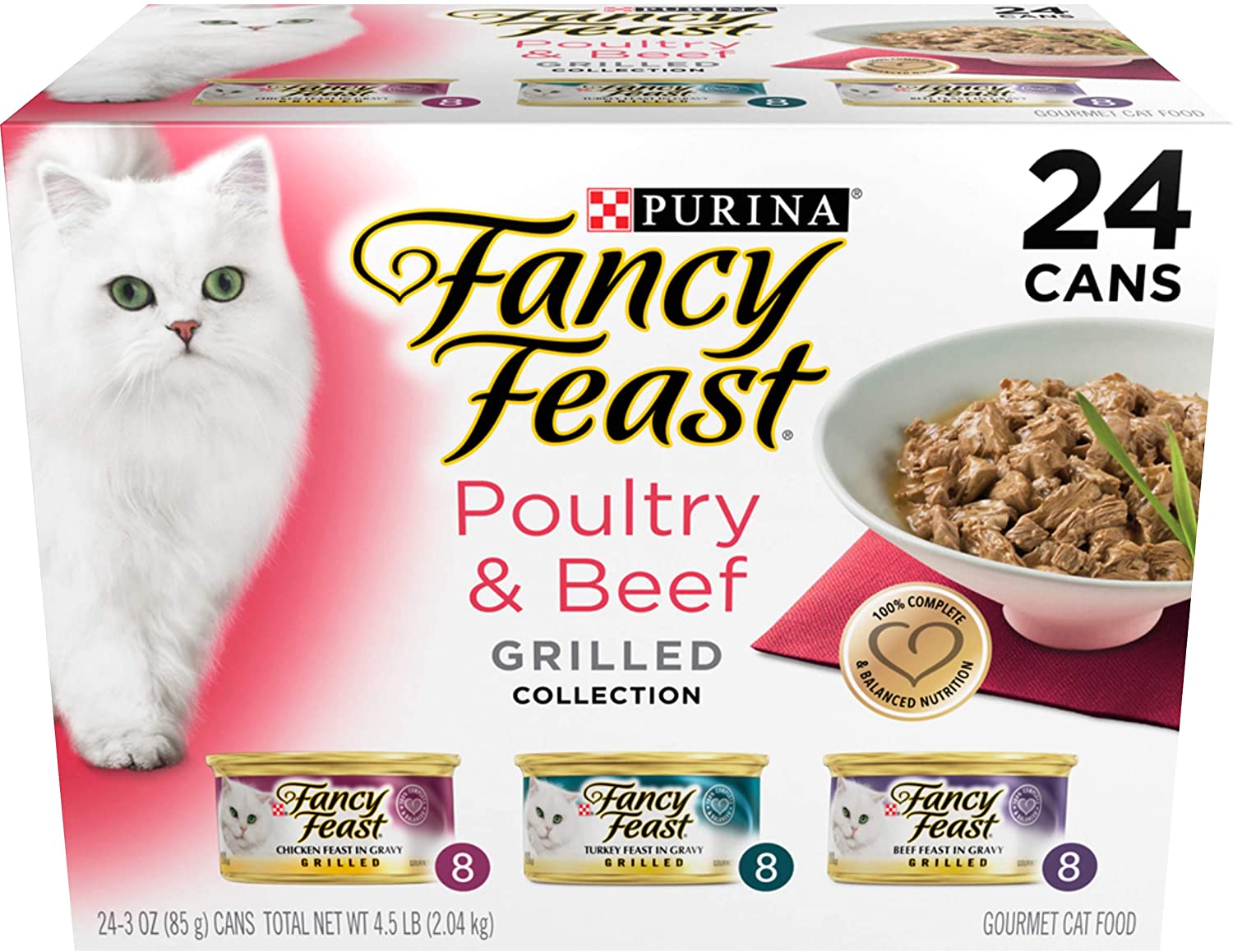 Purina Fancy Feast Gravy Wet Cat Food Variety Pack， Poultry and Beef Grilled Collection - (24) 3 oz. Cans