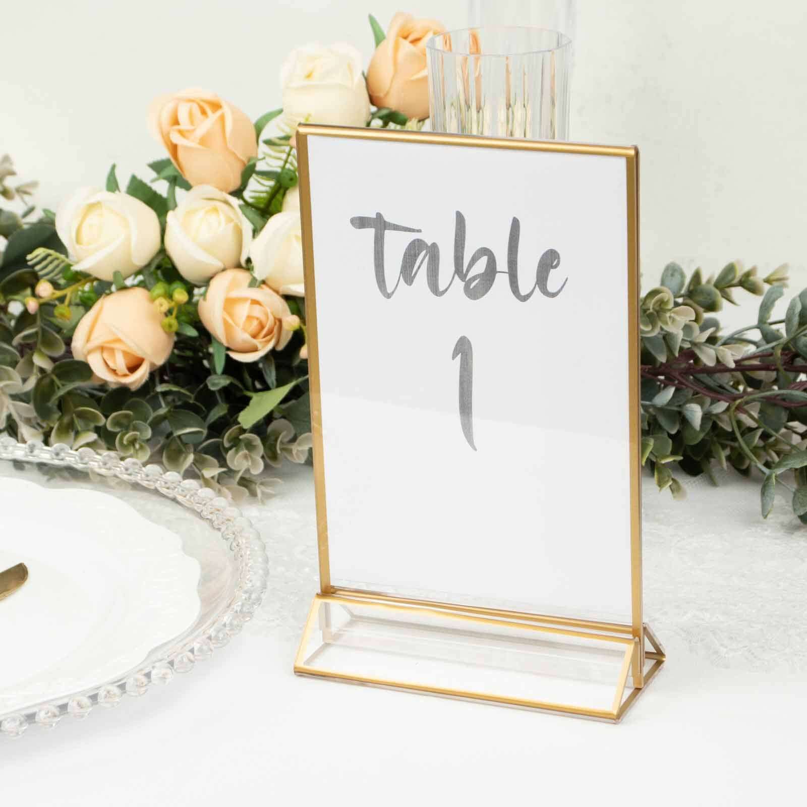 6 Pack Gold Frame Acrylic Freestanding Table Sign Holders, Double Sided Number, Picture, Menu Display Stands 5