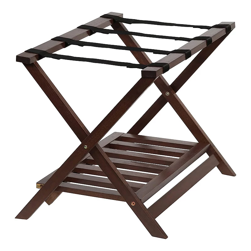 PJ Wood Hotel Style Wood Home Folding Suitcase Luggage Rack with Shelf， Walnut