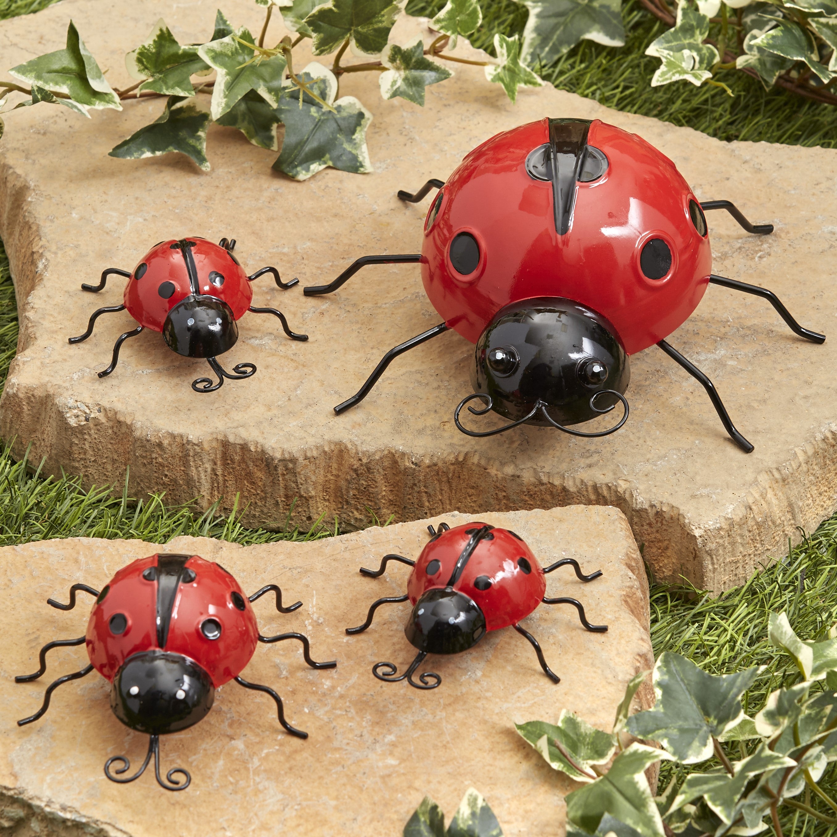 Metal Ladybug Garden Decorations with Red and Black Spots - Set of 4