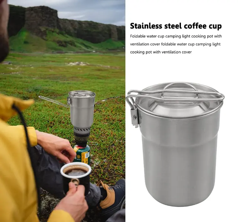 Camp Cooking Pots Stainless Steel 1L Multifunctional Camping Coffee Pot With Foldable Handle Lid