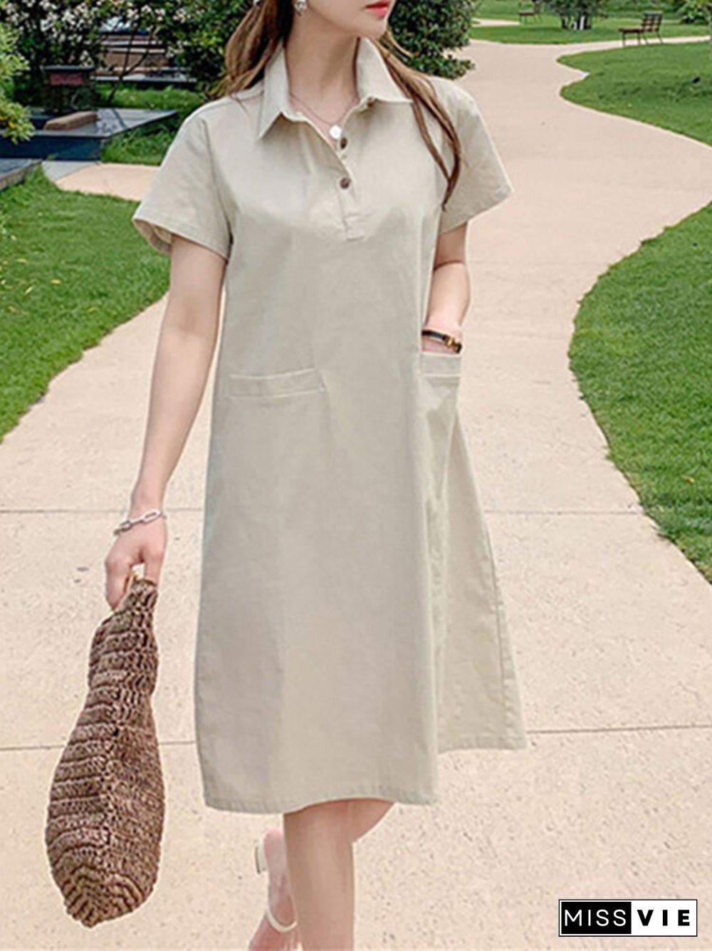 Leisure Solid Button Pocket Lapel Midi Dress