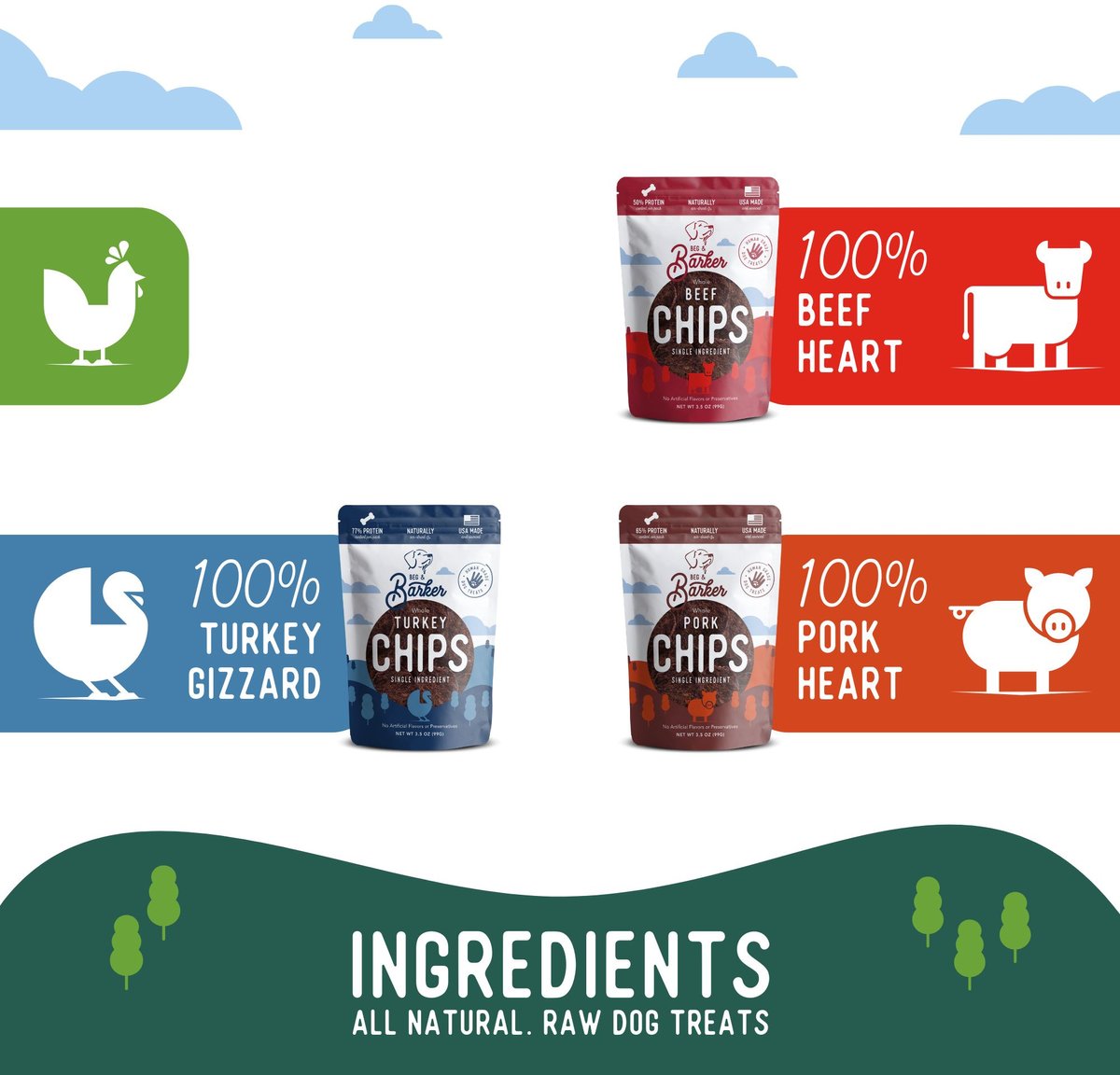 Beg and Barker The Countryside Collection Variety Whole Beef Turkey and Pork Chips Natural Single Ingredient Dog Treats