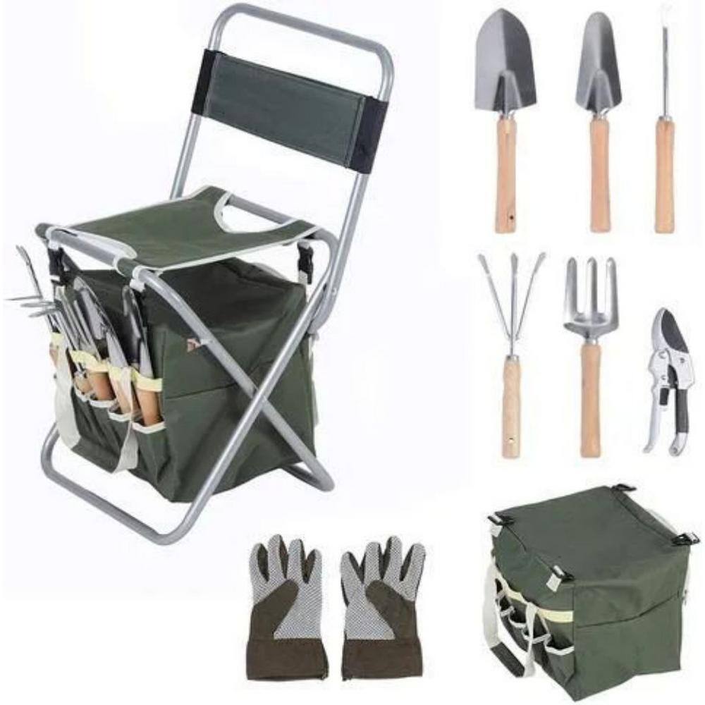 maocao hoom 9-Piece Garden Tools Set Ergonomic Wooden Handle Sturdy Stool with Detachable Tool Kit DJ-C-W104147773