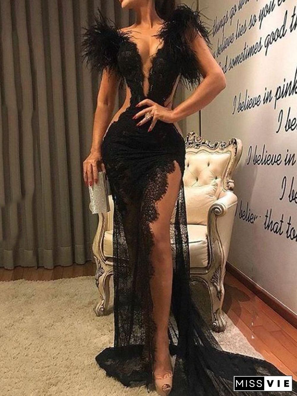 Elegant Deep V-Neck See-Through Lace Feather Split-Side Sexy Maxi Dress