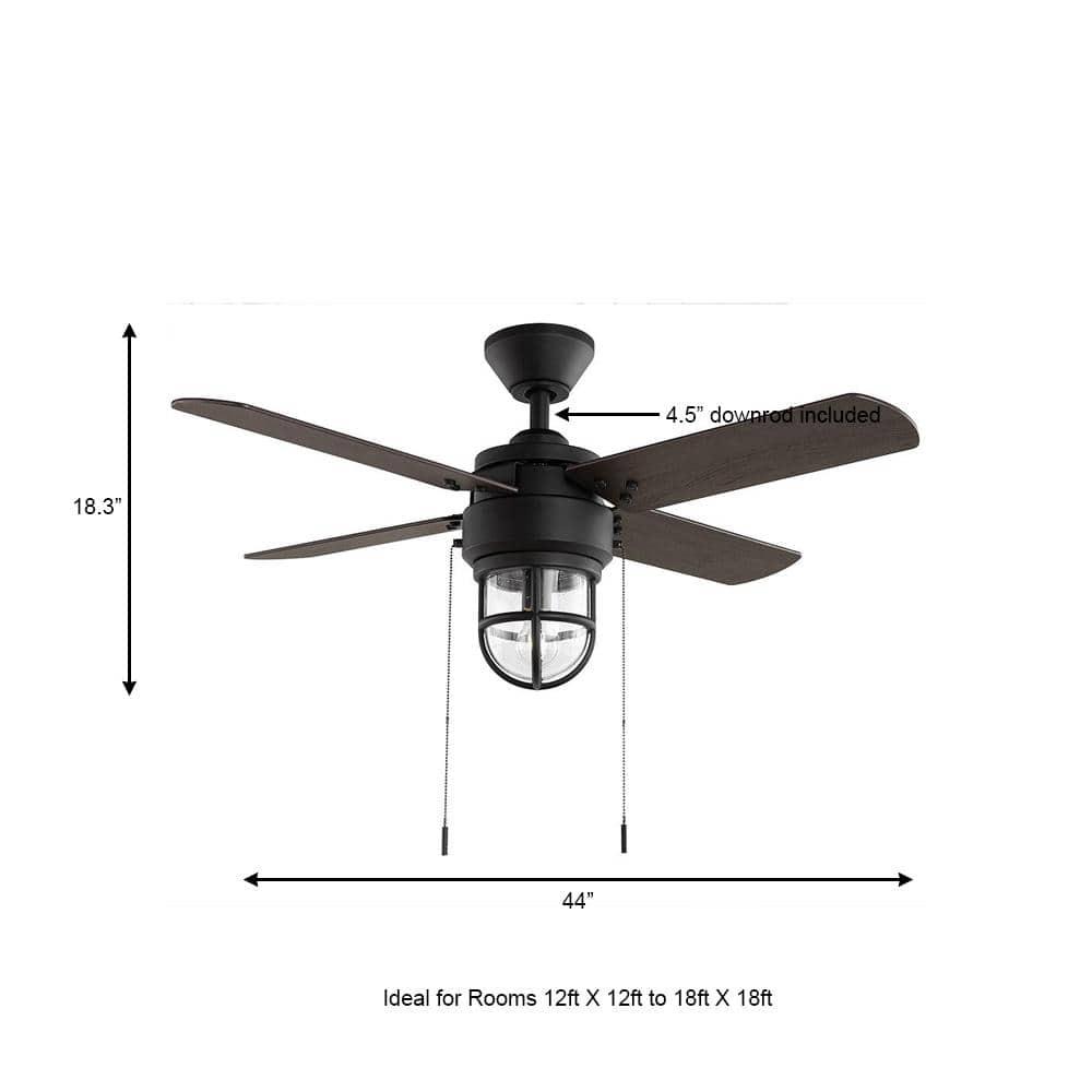 Hampton Bay Cedar Lake 44 in IndoorOutdoor LED Matte Black Damp Rated Ceiling Fan with Light Kit Downrod and 4 Reversible Blades