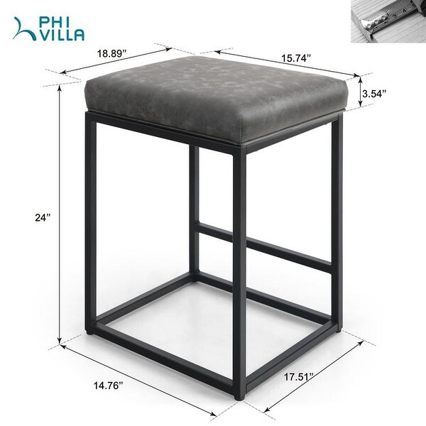 PHI VILLA 24'' Square PU Leather Bar Stool with Sturdy Metal Frame， Set of 2