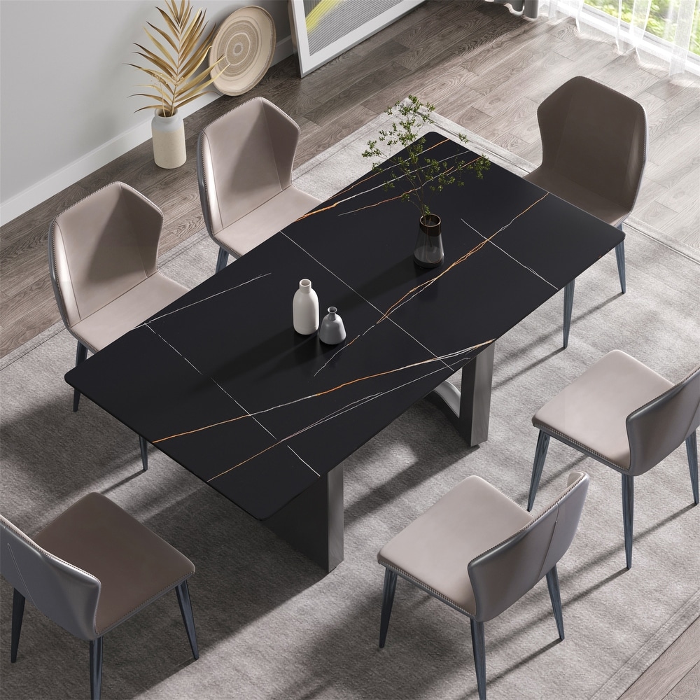 Artificial Stone Black Straight Edge Black Metal Leg Dining Table