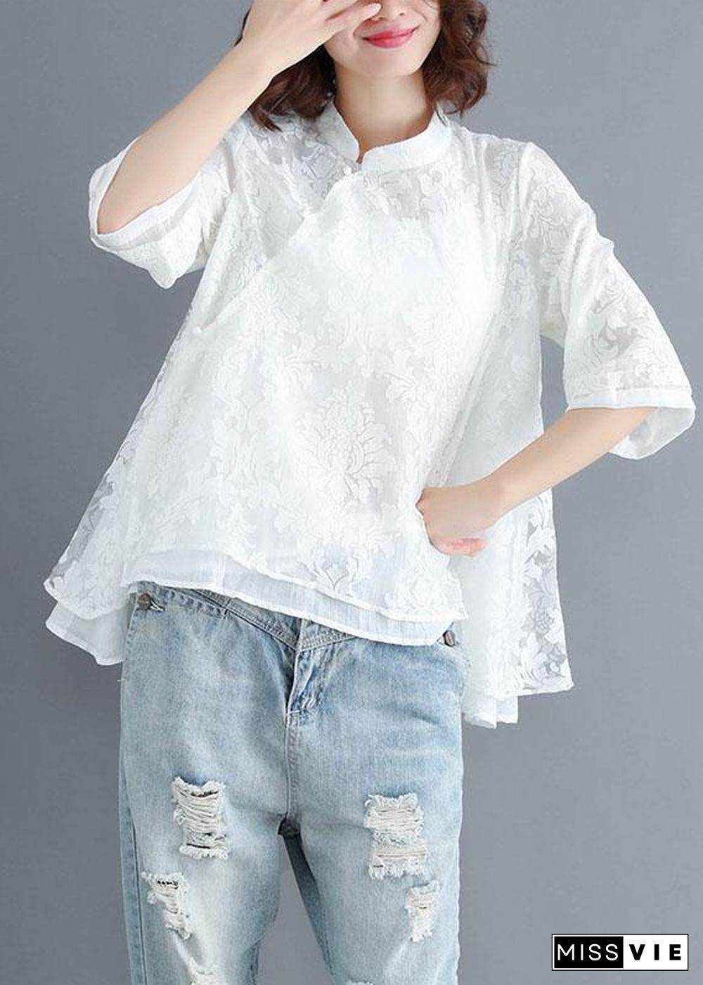 Boho White Stand Collar Asymmetrical Design Summer Tops Three Quarter Sleeve Shirt