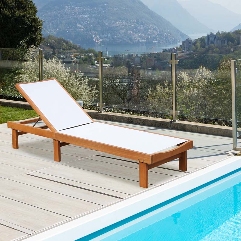 5-Position Wood Outdoor Patio Chaise Lounge Chair Pool Sun Lounger with Breathable Fabric