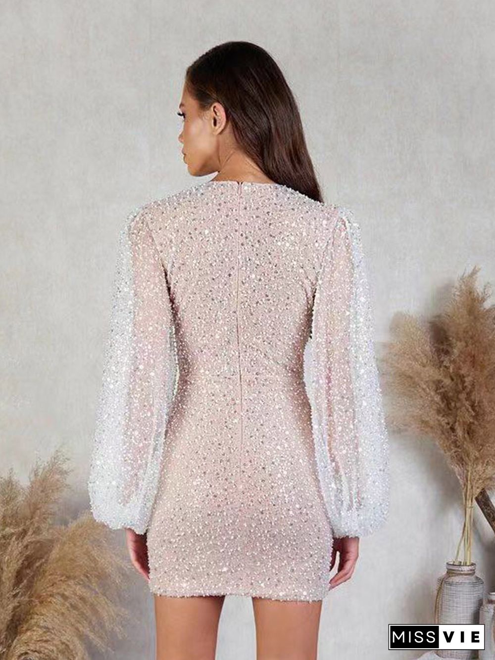 Summer Sexy Women Sequins Dress Fashion V Neck Lantern Long Sleeves Female Dresses Elegant Club Party Bodycon Lady Vestidos