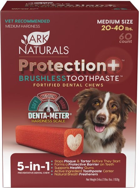 Ark Naturals Protection+ Brushless Toothpaste Medium Dental Dog Treats， 60 count