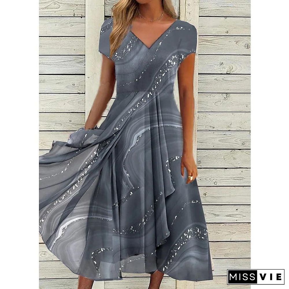 Stunning Grey Short Sleeve V-Neck Midi Dress