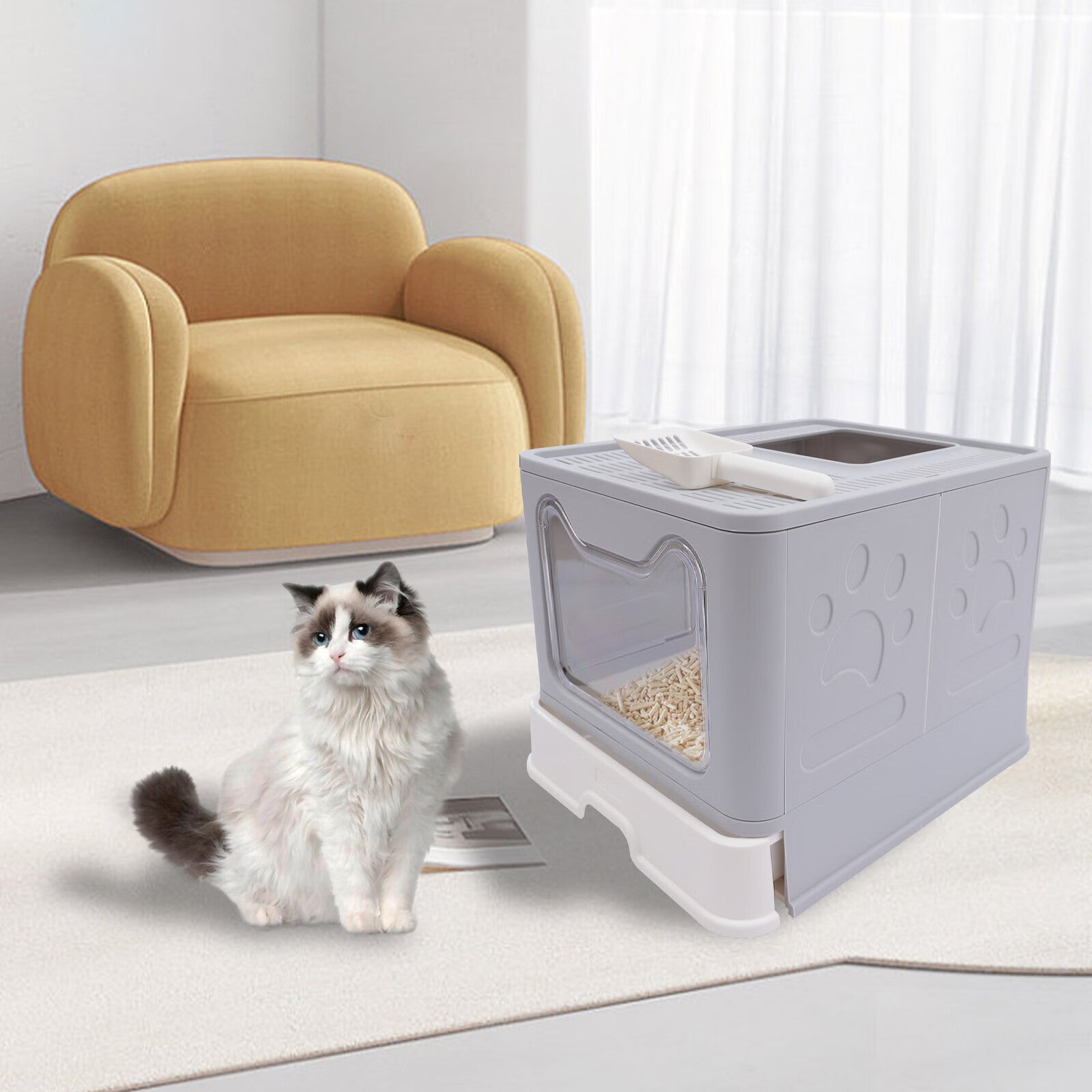 Anqidi Gray Foldable Cat Litter Box Drawer Type Large Space PP+PC Pet Toilet with Cat Sand Shovel