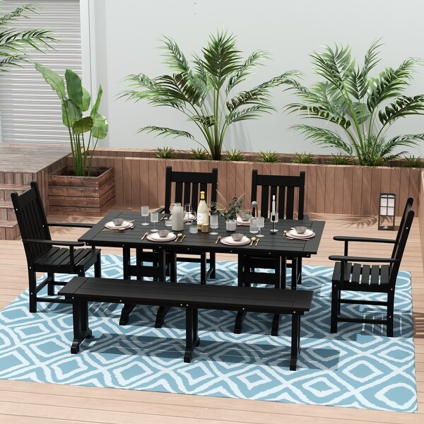 Polytrends Laguna Hdpe All Weather Outdoor Patio Dining Set with Rectangle Table，Arm Chairs and Bench (6Piece Set)