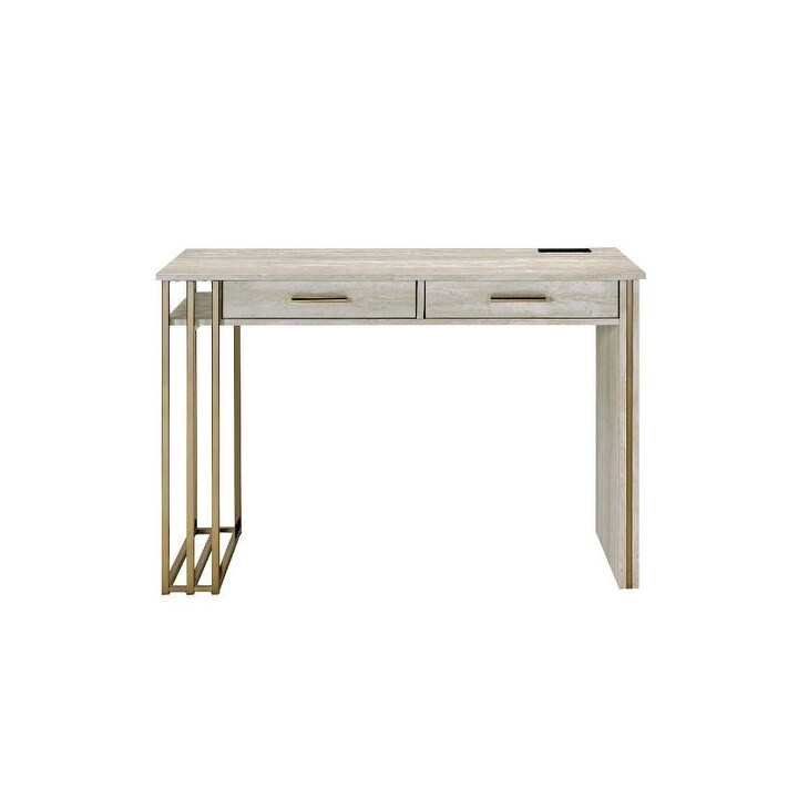 Contemporary Style Tyeid Built in USB Port Writing Desk  Antique White   Gold Finish  with 2 Storage Drawers   Metal Foot