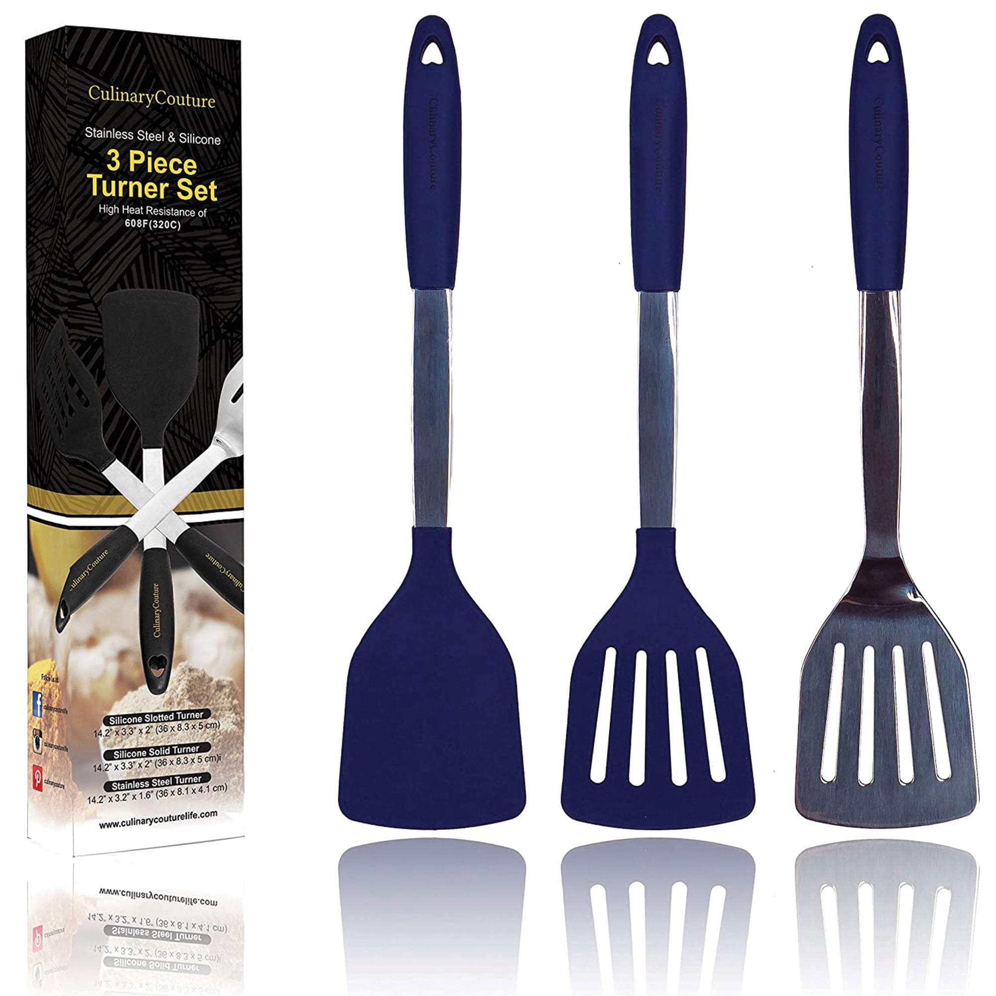 Culinary Couture Silicone Spatula Turner Set Stainless Steel Cooking Utensils Blue