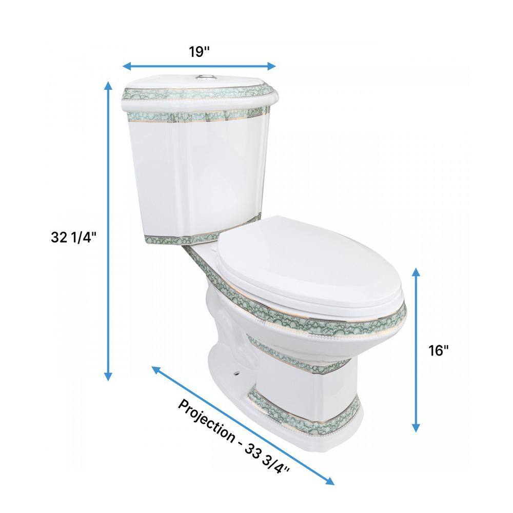 RENOVATORS SUPPLY MANUFACTURING Corner Elongated 2-Piece Dual Flush Bathroom Toilet India Reserve Design Green Gold Painted Manufacturing 30688