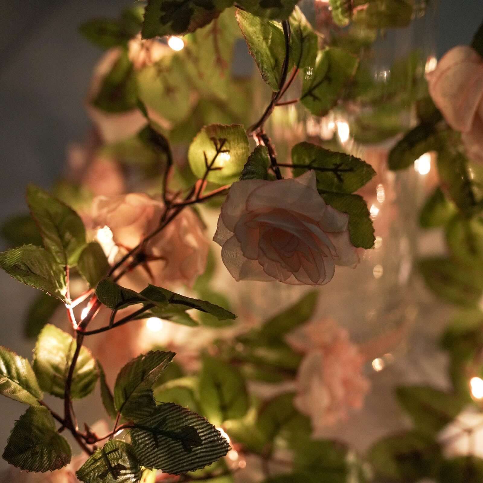 20 LED Blush Silk Rose Flower Garland Vine String Lights, Warm White Battery Operated 7ft