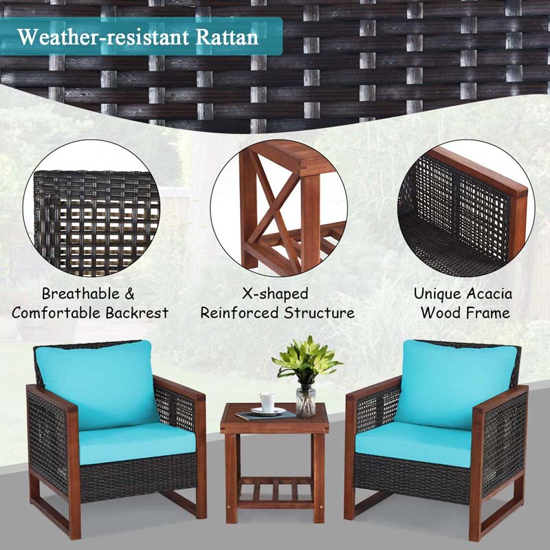 3 Pcs Rattan Patio Furniture Sofa Set Outdoor Conversation Bistro Set with Acacia Wooden Frame & Cushions