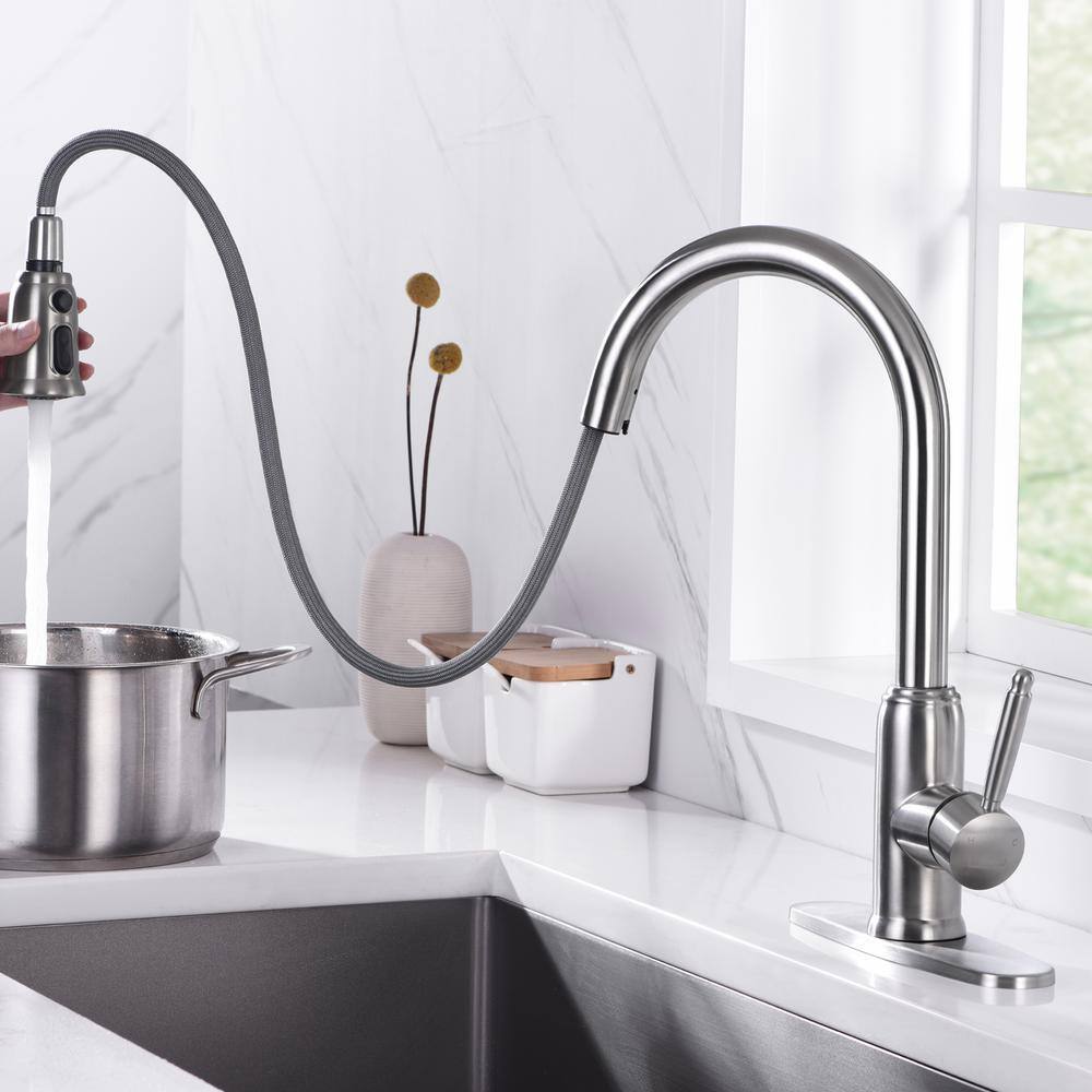 WOWOW Single-Handle Pull-Down Stainless Steel Sprayer Kitchen Faucet with PowerSpray and Temperature Control in Brushed Nickel 2310101-AMUS